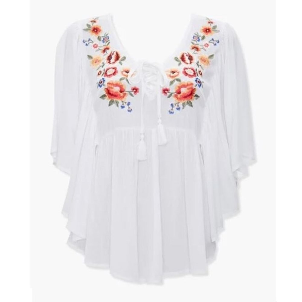 Forever 21 Floral Embroidered Peasant Top - Size Small